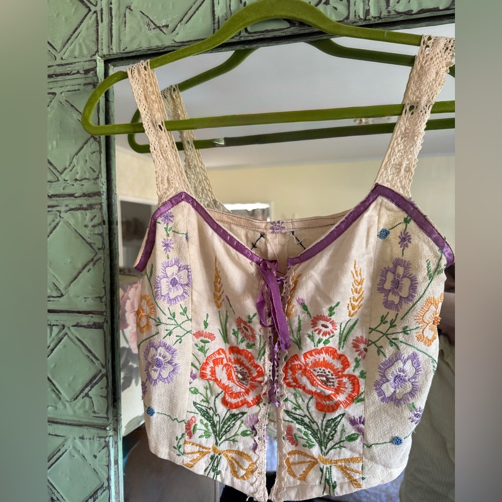 Handmade Floral Embroider w lace/ ribbon  Top, BOHO , fairy , festival